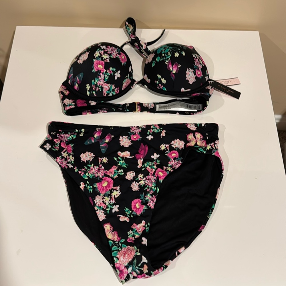 Victoria Secret Black with Floral design Bikini Top is 34a Bottom M